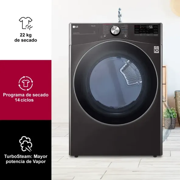 Secadora LG Carga Frontal a gas 22 Kilos DF22BV2SR Negra